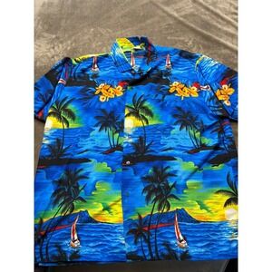 Rima Mens Tropical Hawaiian Shirt XL Sunset Palm Tree Sailboat Vacation